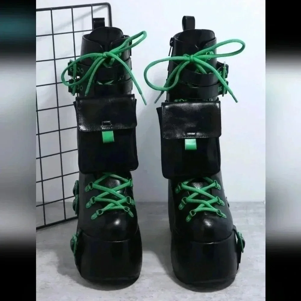 Platform buckle green black punk rock Gothic stiletto shoes boots zipper fashion
